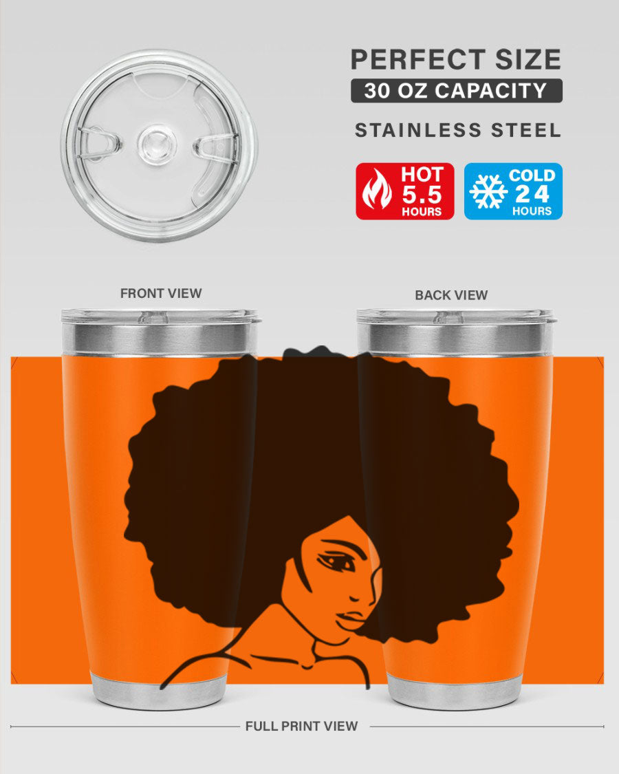 A stylish black woman tumbler in 20oz and 30oz sizes, made of stainless steel with a copper lining, featuring a drink-thru lid.