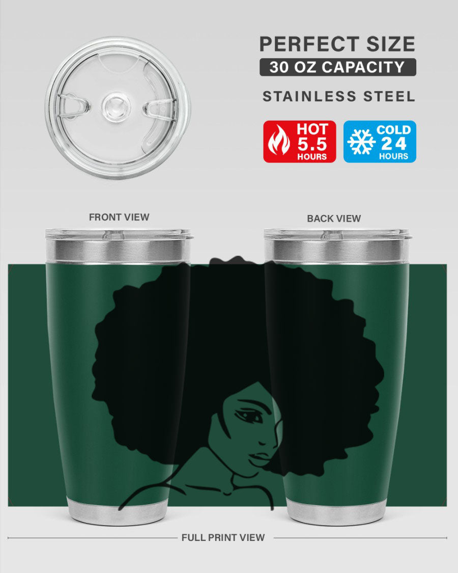 A stylish black woman tumbler in 20oz and 30oz sizes, made of stainless steel with a copper lining, featuring a drink-thru lid.