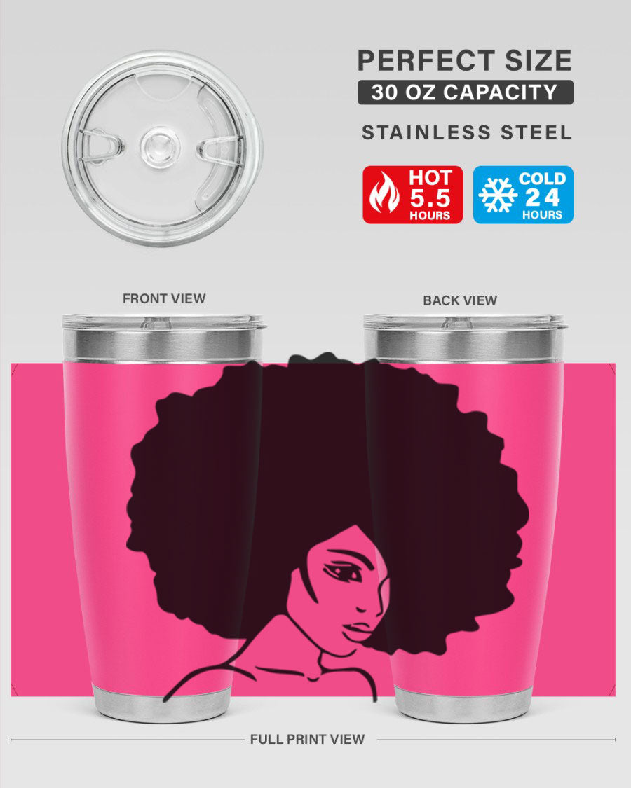 A stylish black woman tumbler in 20oz and 30oz sizes, made of stainless steel with a copper lining, featuring a drink-thru lid.