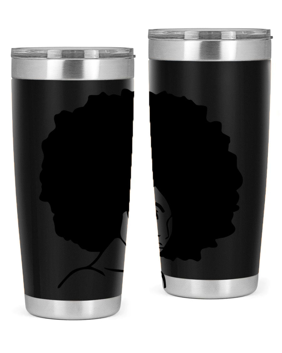 A stylish black woman tumbler in 20oz and 30oz sizes, made of stainless steel with a copper lining, featuring a drink-thru lid.