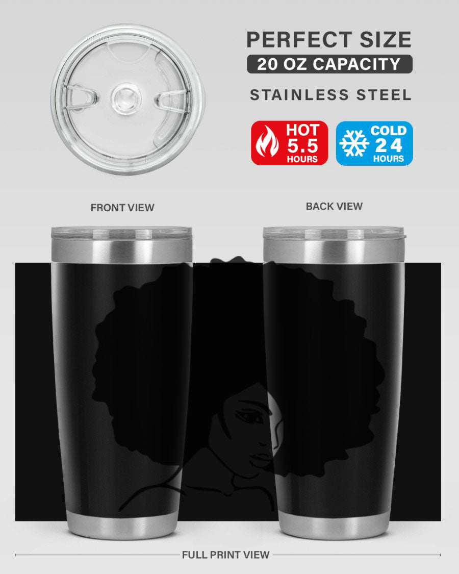 A stylish black woman tumbler in 20oz and 30oz sizes, made of stainless steel with a copper lining, featuring a drink-thru lid.