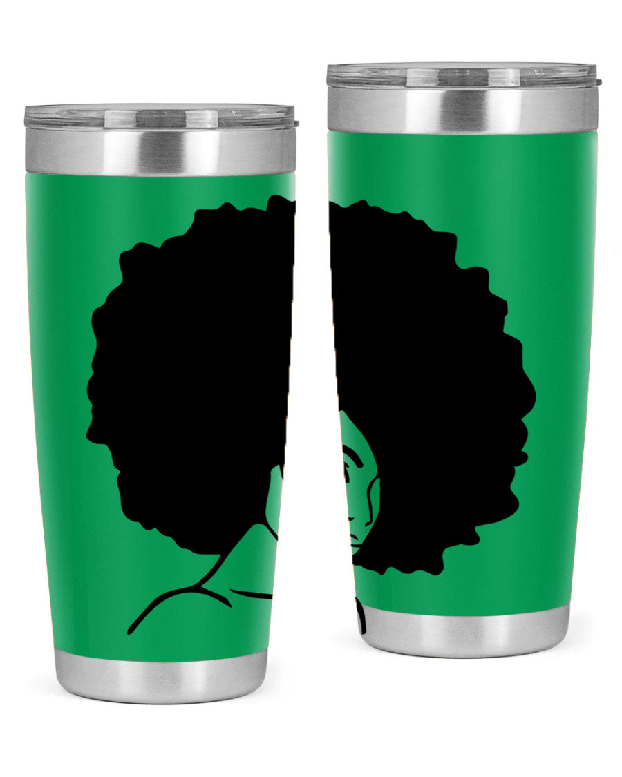 A stylish black woman tumbler in 20oz and 30oz sizes, made of stainless steel with a copper lining, featuring a drink-thru lid.