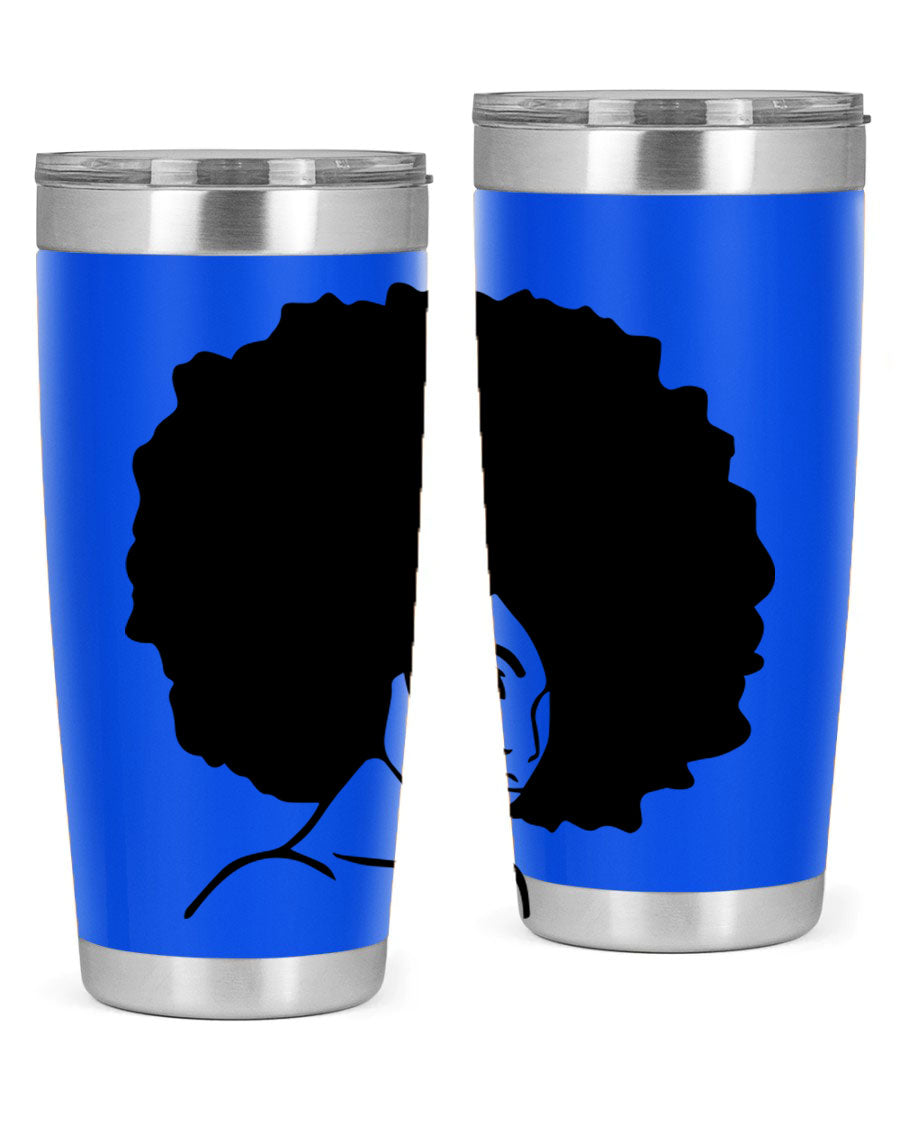 A stylish black woman tumbler in 20oz and 30oz sizes, made of stainless steel with a copper lining, featuring a drink-thru lid.