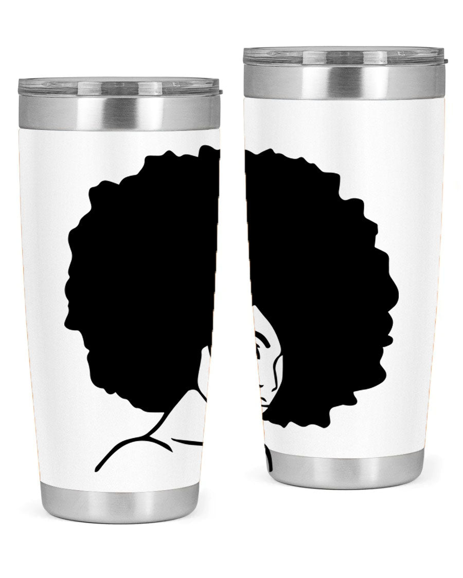 A stylish black woman tumbler in 20oz and 30oz sizes, made of stainless steel with a copper lining, featuring a drink-thru lid.