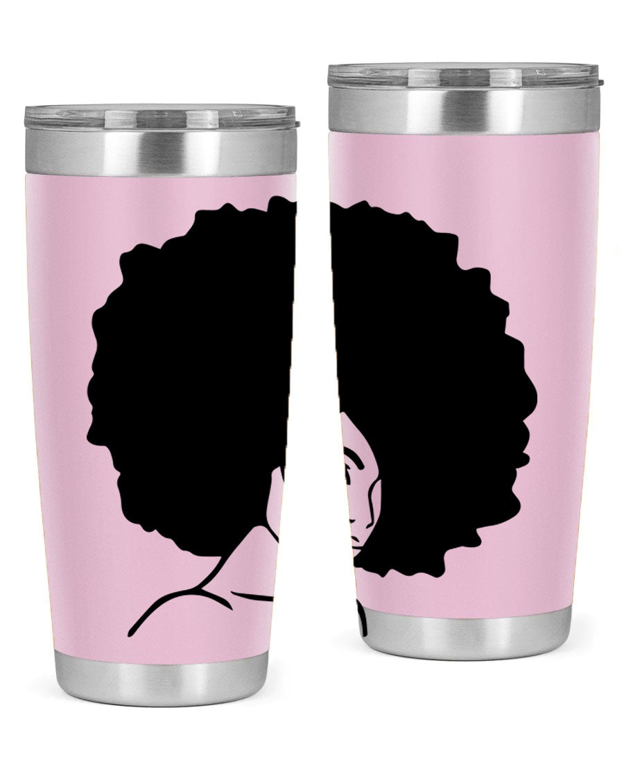 A stylish black woman tumbler in 20oz and 30oz sizes, made of stainless steel with a copper lining, featuring a drink-thru lid.