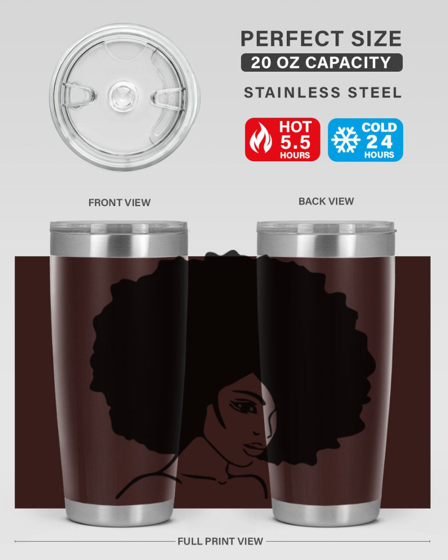 A stylish black woman tumbler in 20oz and 30oz sizes, made of stainless steel with a copper lining, featuring a drink-thru lid.