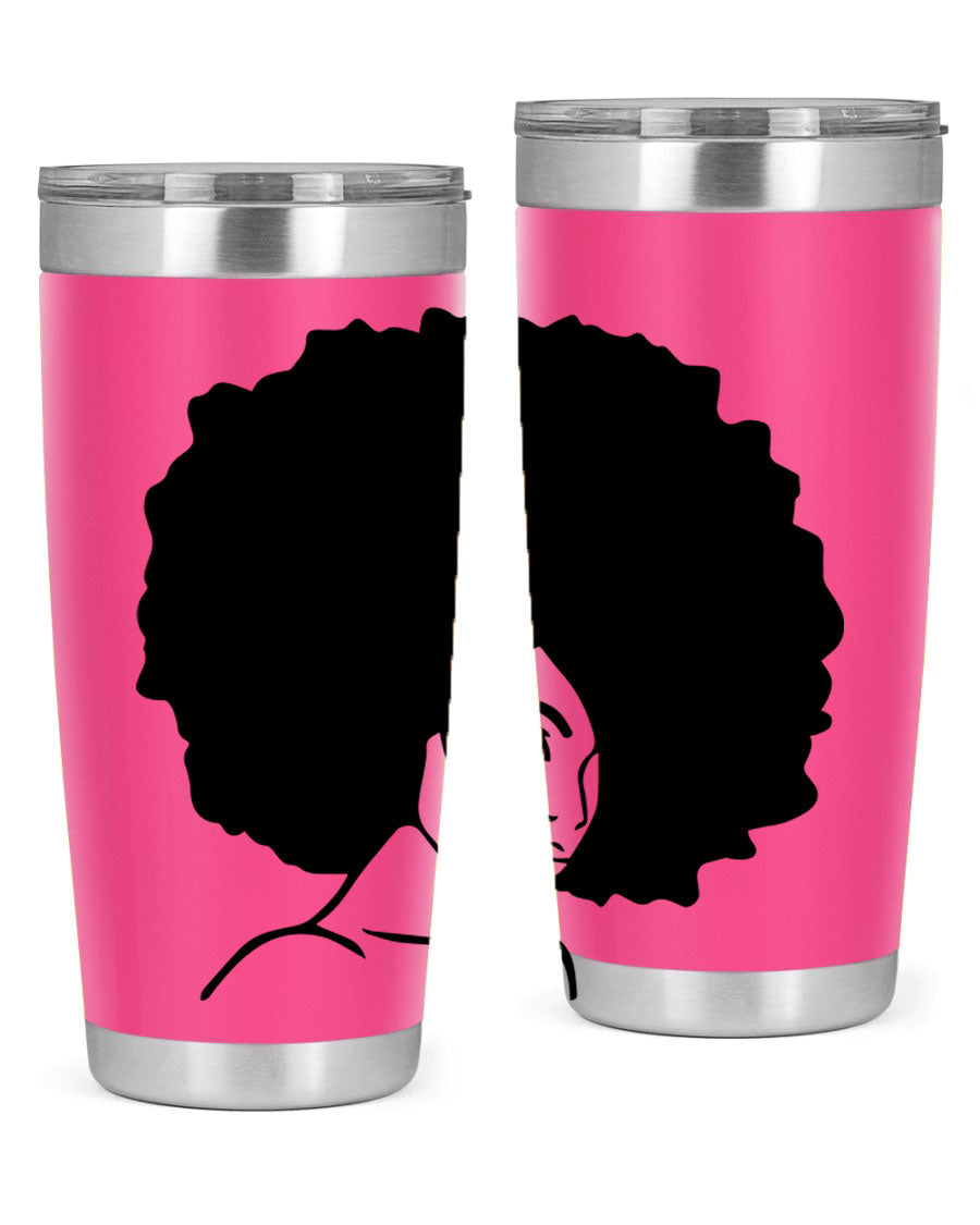 A stylish black woman tumbler in 20oz and 30oz sizes, made of stainless steel with a copper lining, featuring a drink-thru lid.