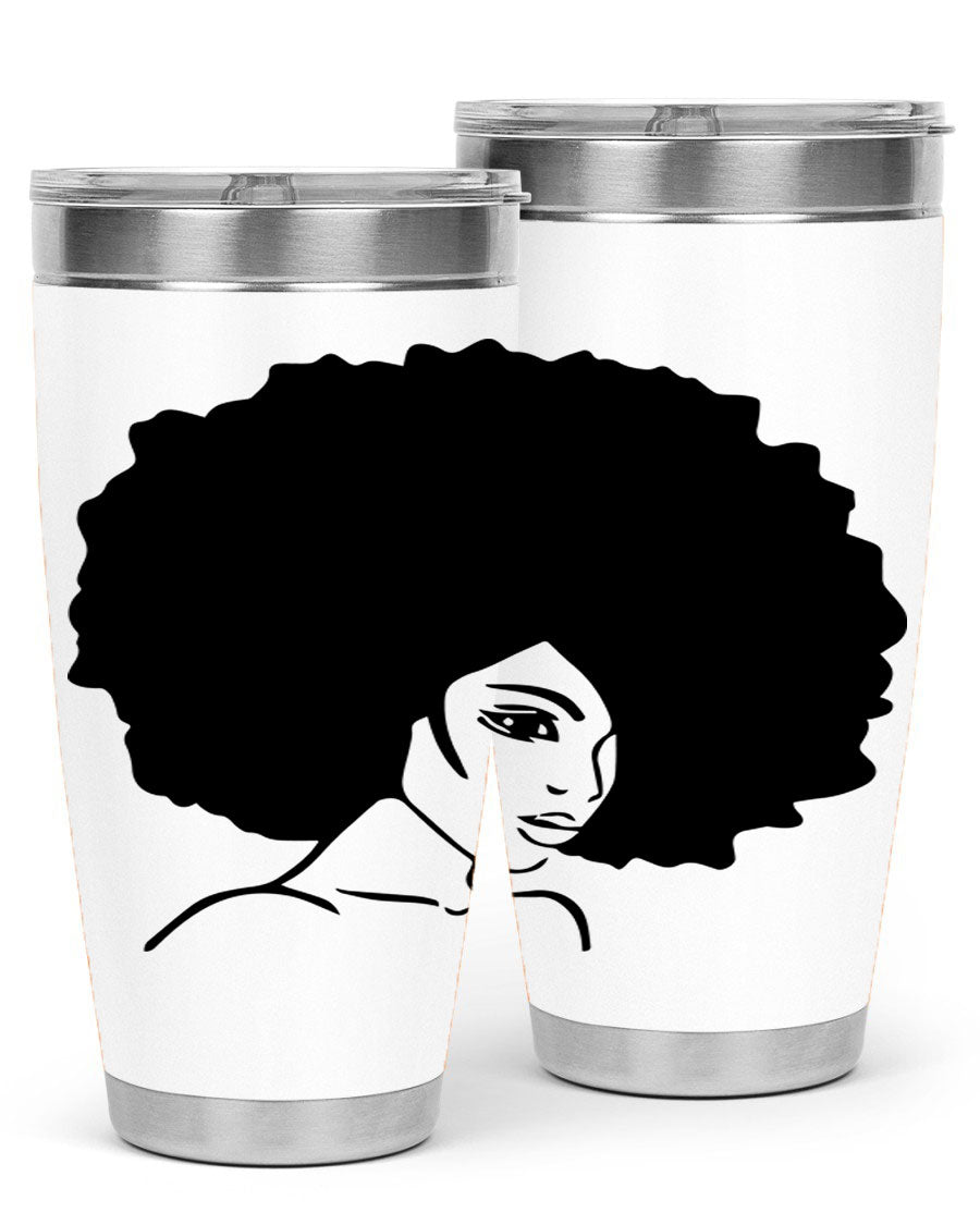 A stylish black woman tumbler in 20oz and 30oz sizes, made of stainless steel with a copper lining, featuring a drink-thru lid.