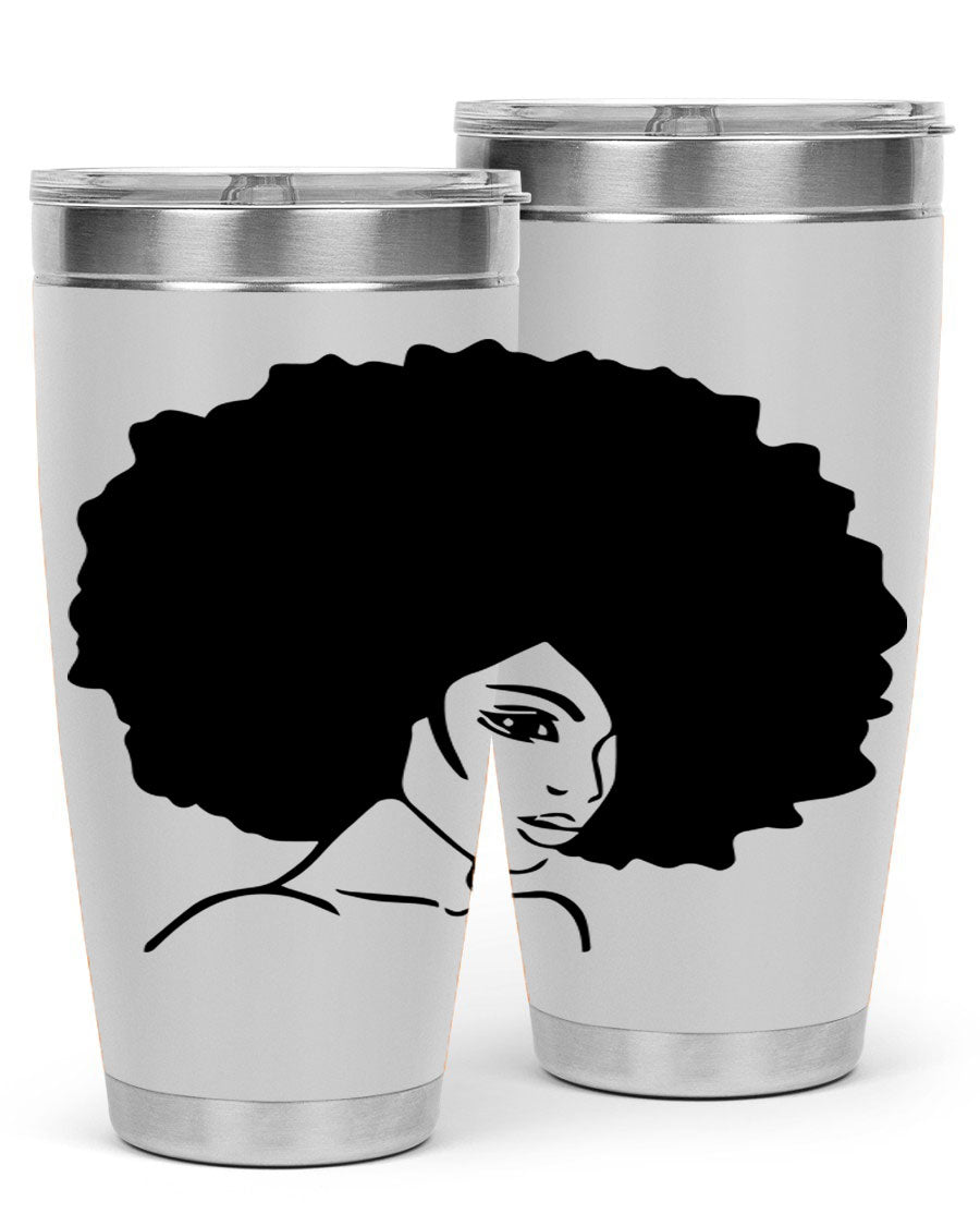 A stylish black woman tumbler in 20oz and 30oz sizes, made of stainless steel with a copper lining, featuring a drink-thru lid.