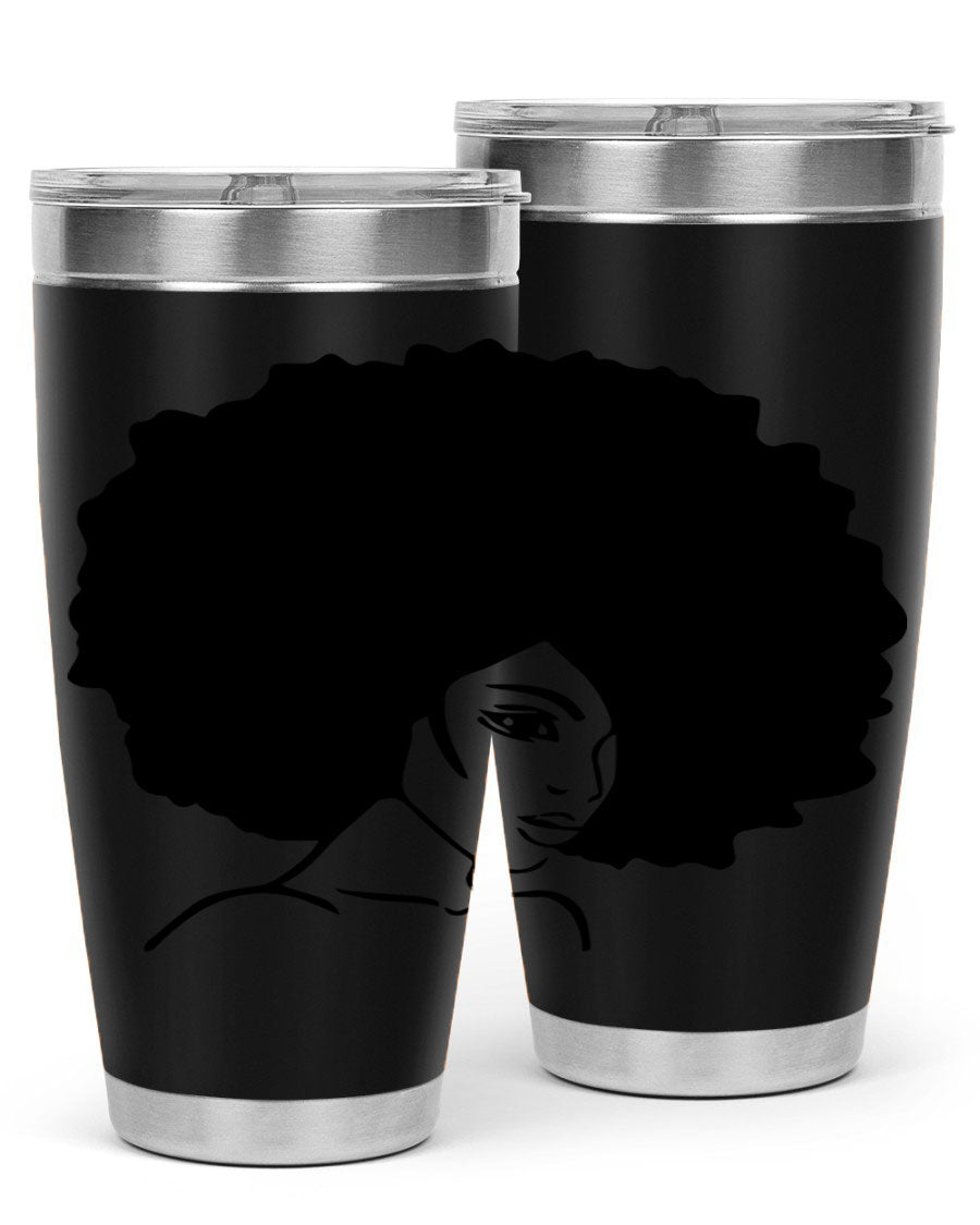 A stylish black woman tumbler in 20oz and 30oz sizes, made of stainless steel with a copper lining, featuring a drink-thru lid.