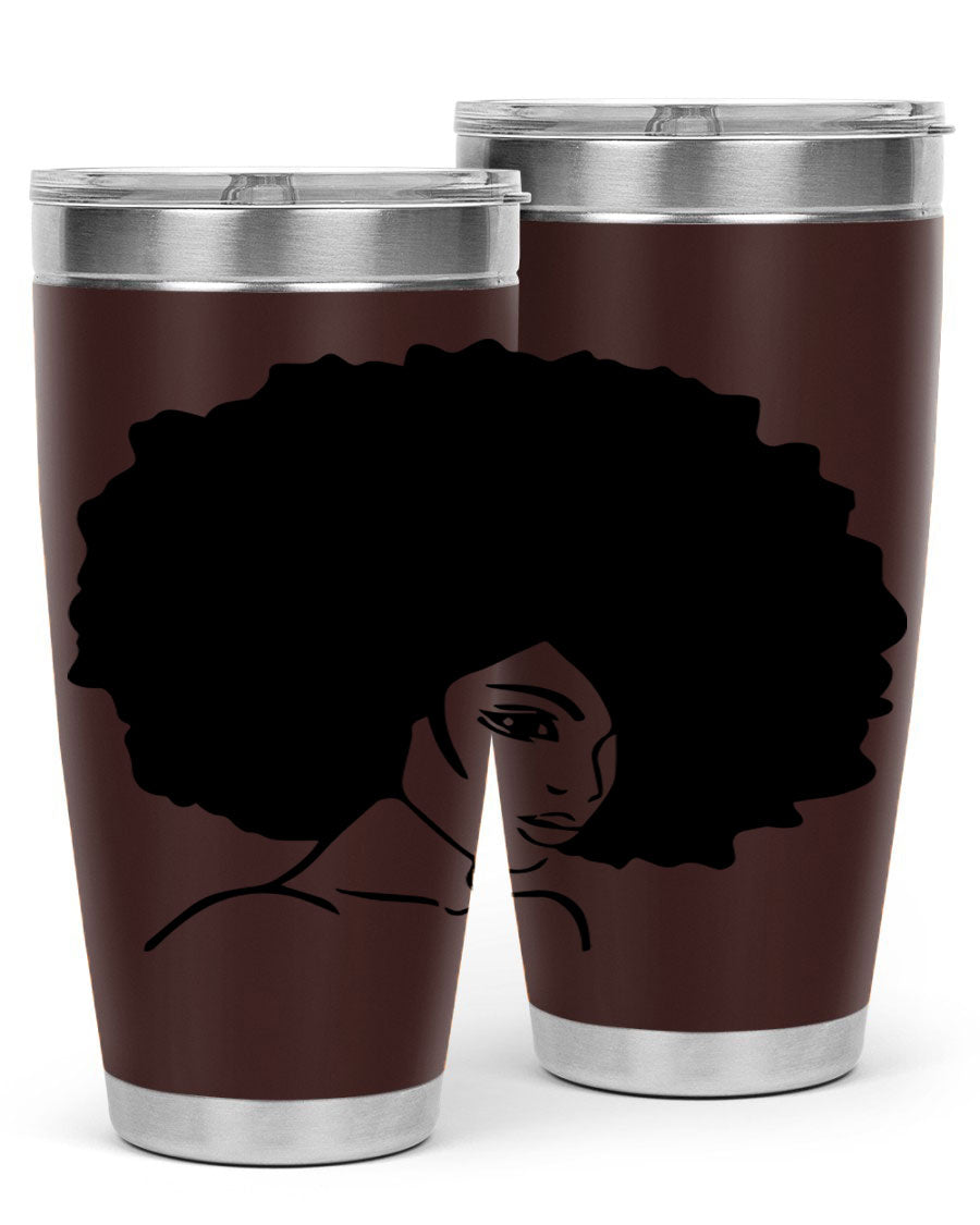 A stylish black woman tumbler in 20oz and 30oz sizes, made of stainless steel with a copper lining, featuring a drink-thru lid.