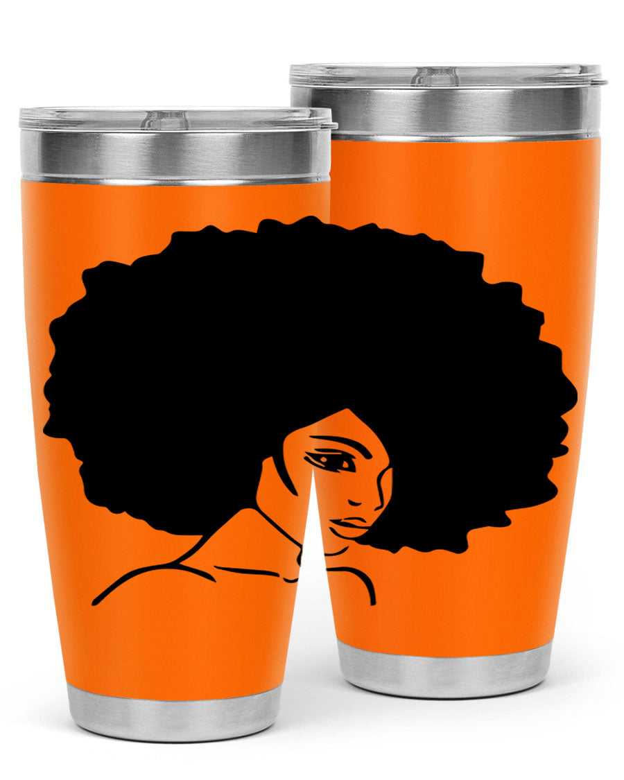 A stylish black woman tumbler in 20oz and 30oz sizes, made of stainless steel with a copper lining, featuring a drink-thru lid.