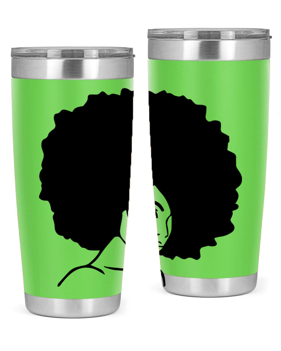 A stylish black woman tumbler in 20oz and 30oz sizes, made of stainless steel with a copper lining, featuring a drink-thru lid.