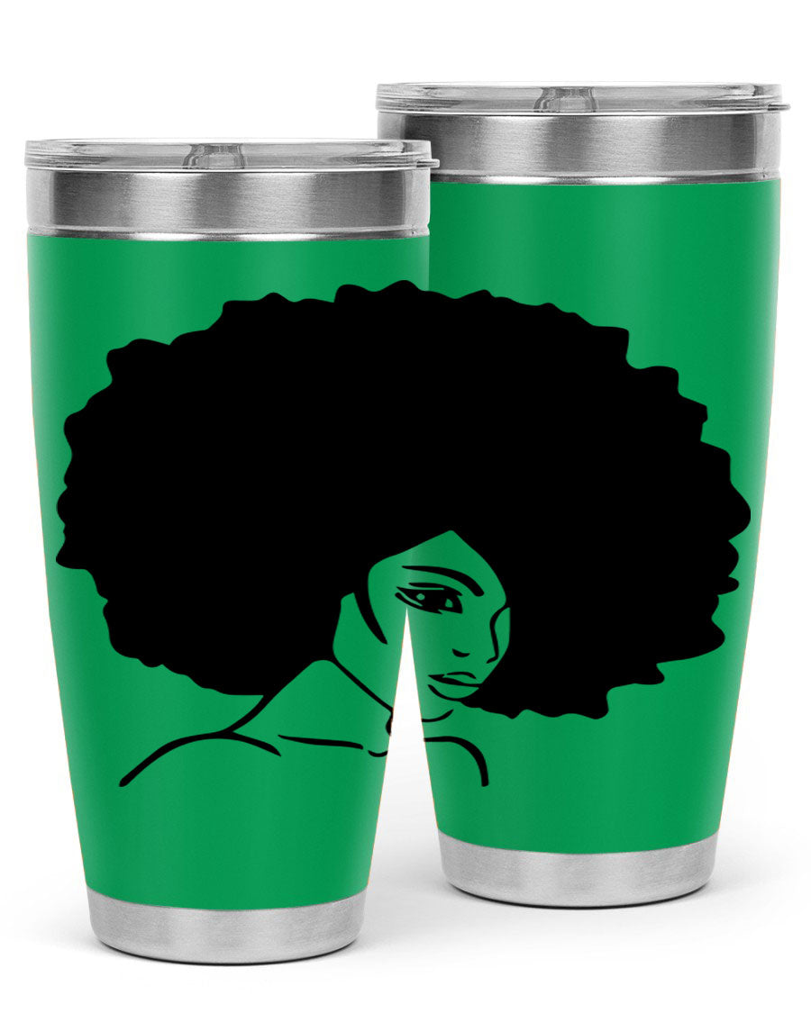 A stylish black woman tumbler in 20oz and 30oz sizes, made of stainless steel with a copper lining, featuring a drink-thru lid.