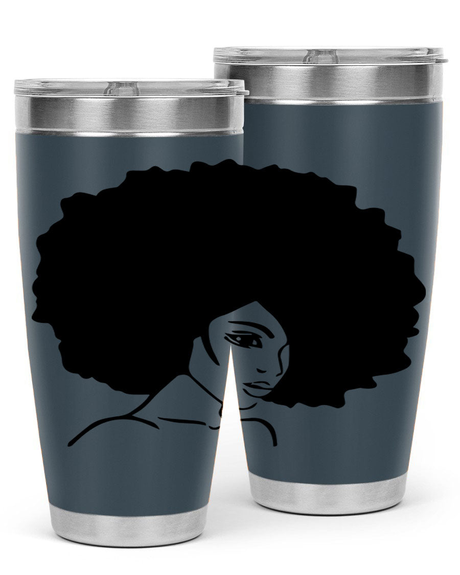 A stylish black woman tumbler in 20oz and 30oz sizes, made of stainless steel with a copper lining, featuring a drink-thru lid.