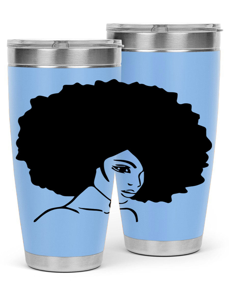 A stylish black woman tumbler in 20oz and 30oz sizes, made of stainless steel with a copper lining, featuring a drink-thru lid.