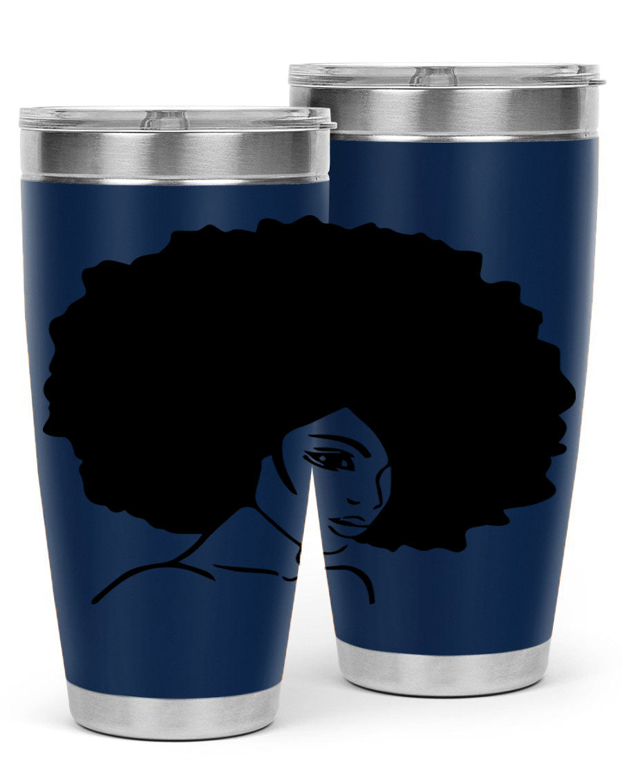 A stylish black woman tumbler in 20oz and 30oz sizes, made of stainless steel with a copper lining, featuring a drink-thru lid.