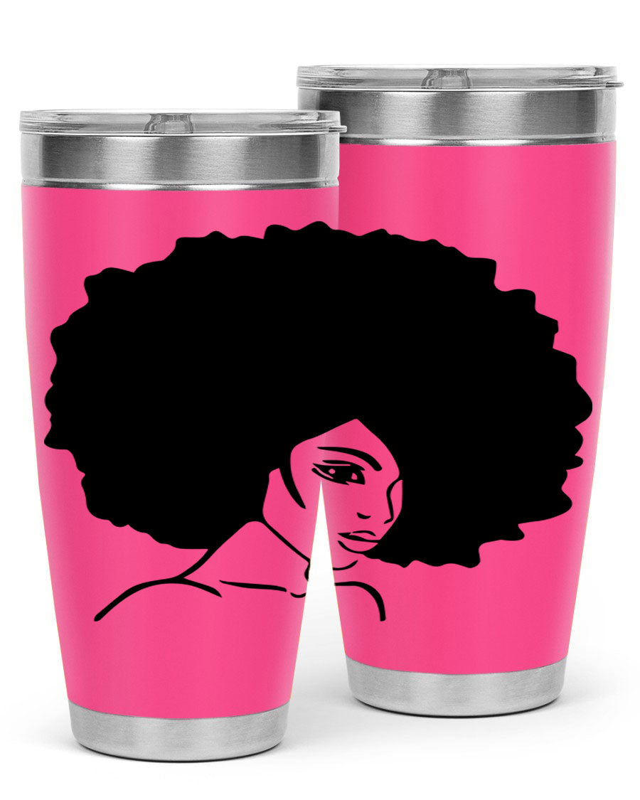 A stylish black woman tumbler in 20oz and 30oz sizes, made of stainless steel with a copper lining, featuring a drink-thru lid.