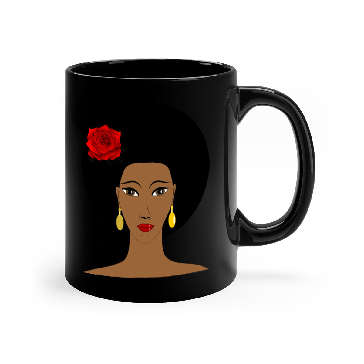 Black woman 54# Mug featuring a glossy finish, colored handle, and interior, available in multiple colors and sizes.