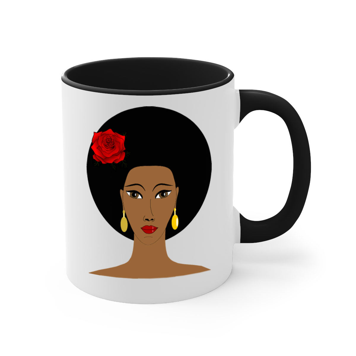 Black woman 54# Mug featuring a glossy finish, colored handle, and interior, available in multiple colors and sizes.