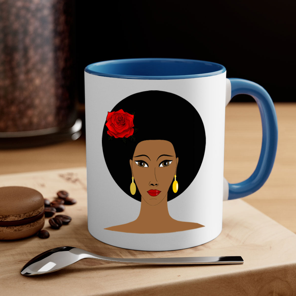 Black woman 54# Mug featuring a glossy finish, colored handle, and interior, available in multiple colors and sizes.