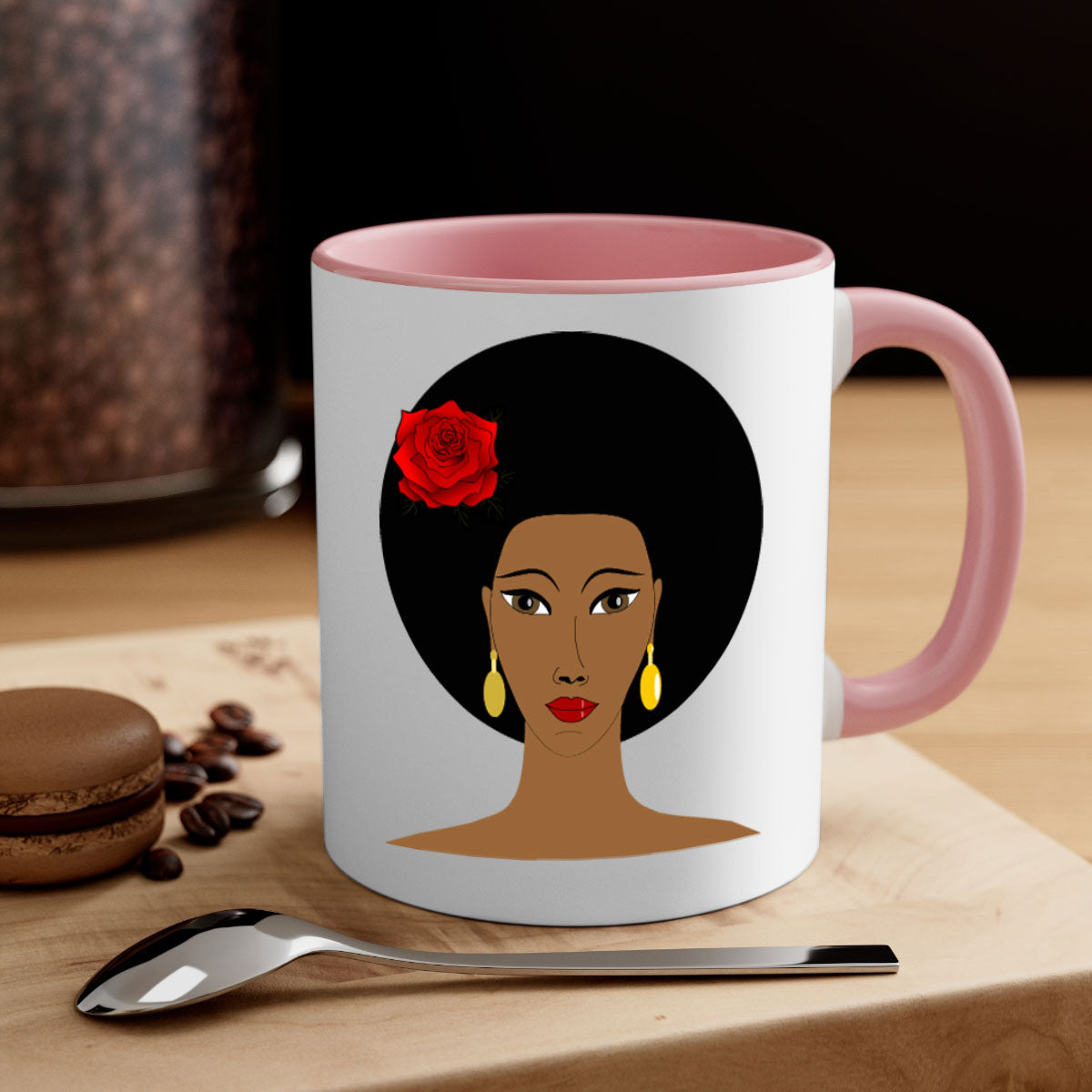 Black woman 54# Mug featuring a glossy finish, colored handle, and interior, available in multiple colors and sizes.