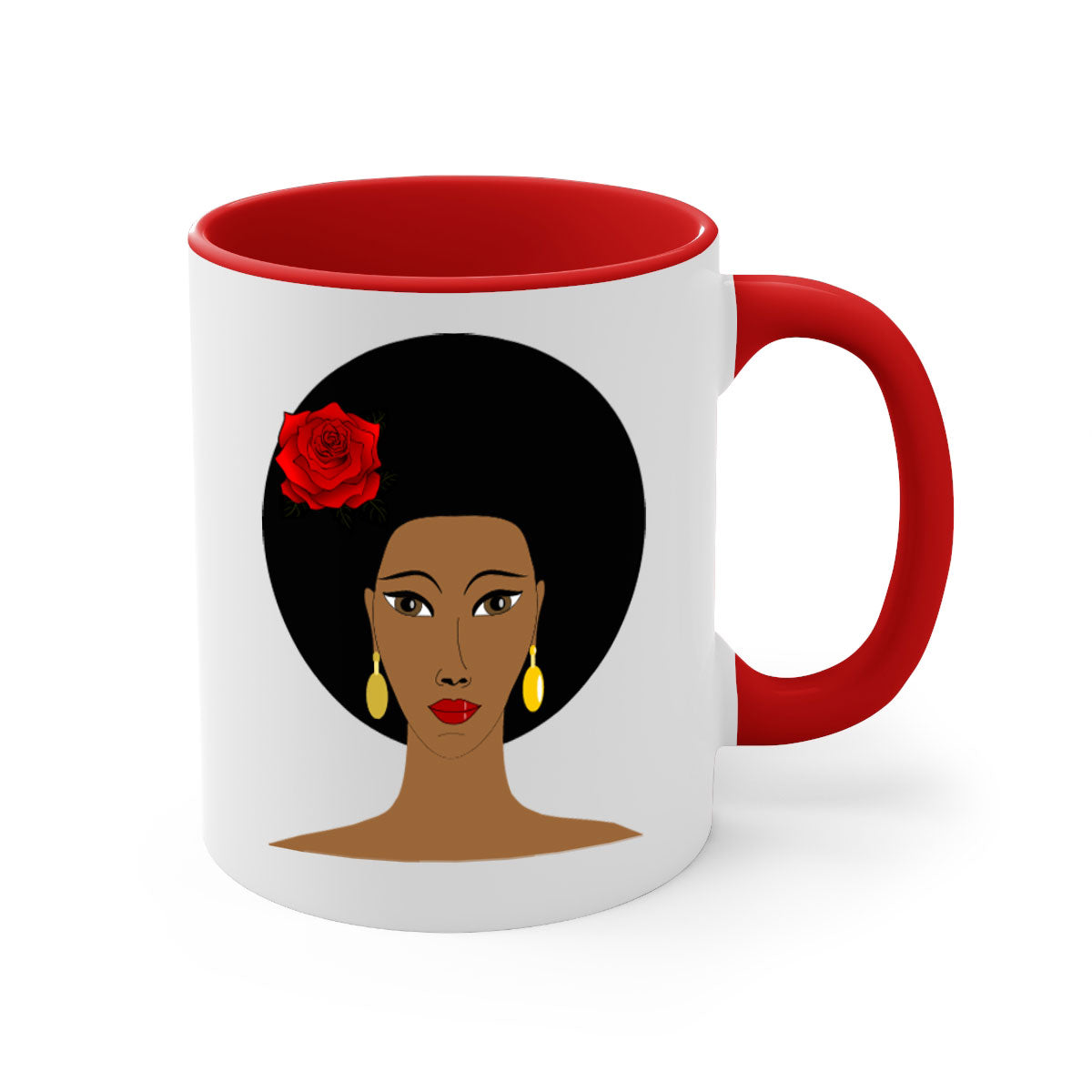 Black woman 54# Mug featuring a glossy finish, colored handle, and interior, available in multiple colors and sizes.