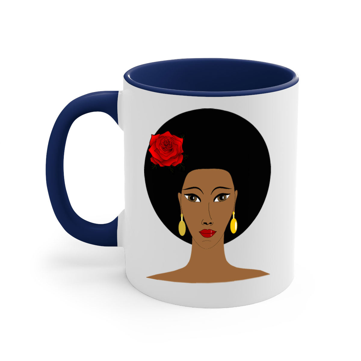 Black woman 54# Mug featuring a glossy finish, colored handle, and interior, available in multiple colors and sizes.