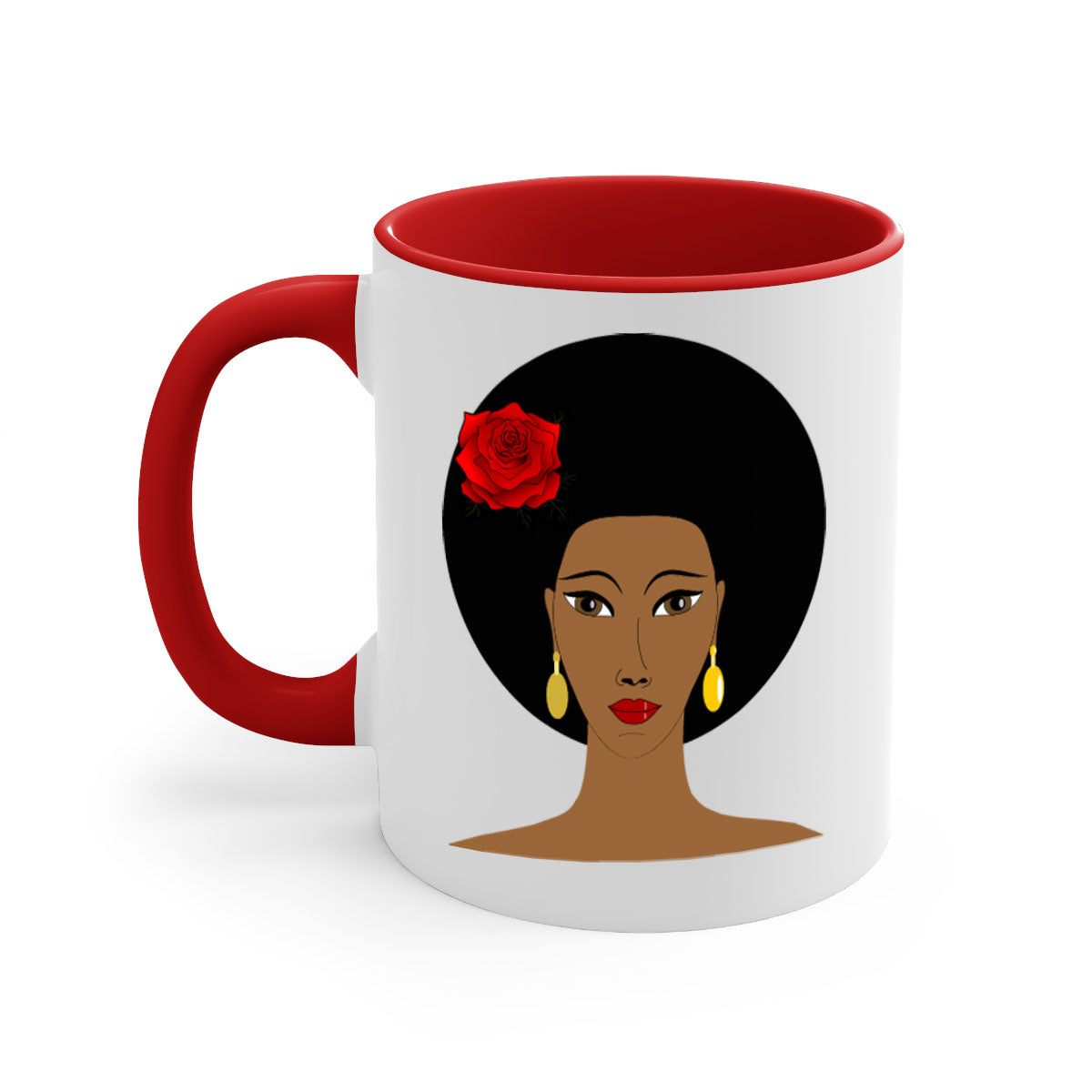 Black woman 54# Mug featuring a glossy finish, colored handle, and interior, available in multiple colors and sizes.