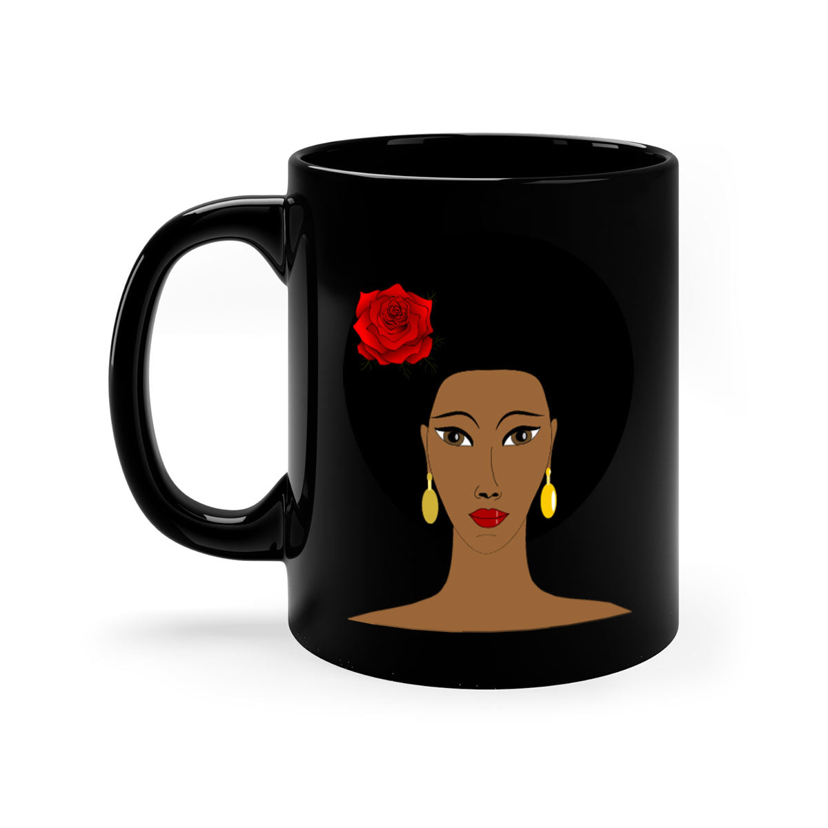 Black woman 54# Mug featuring a glossy finish, colored handle, and interior, available in multiple colors and sizes.