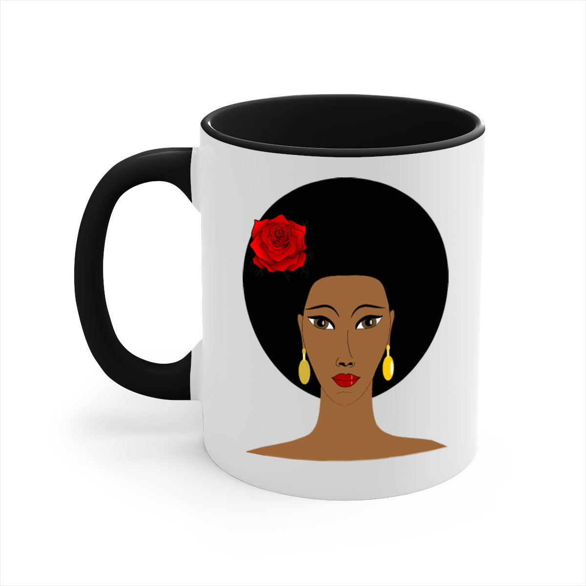 Black woman 54# Mug featuring a glossy finish, colored handle, and interior, available in multiple colors and sizes.