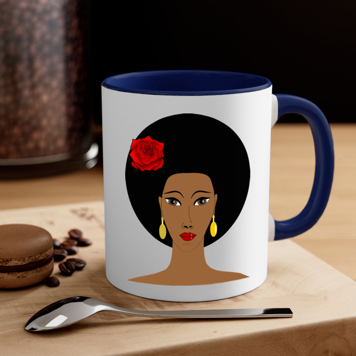 Black woman 54# Mug featuring a glossy finish, colored handle, and interior, available in multiple colors and sizes.