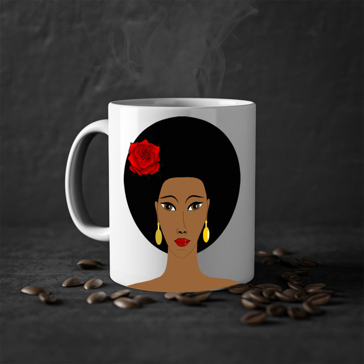 Black woman 54# Mug featuring a glossy finish, colored handle, and interior, available in multiple colors and sizes.