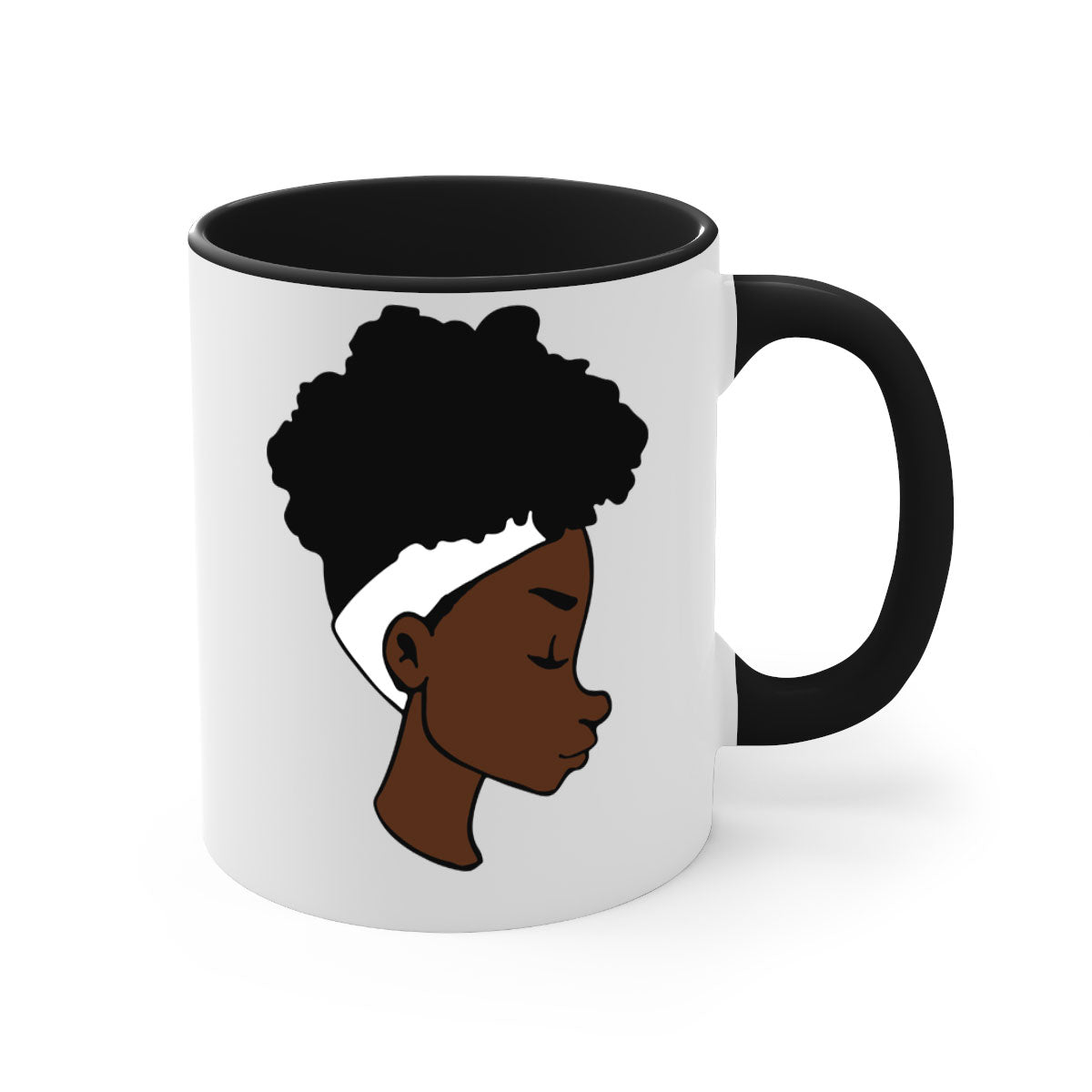 A stylish black woman afro 55# Mug featuring a glossy finish, colored handle, and vibrant afro design, perfect for coffee and tea lovers.