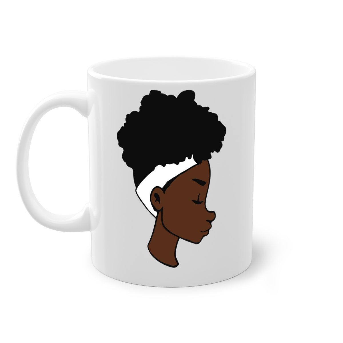 A stylish black woman afro 55# Mug featuring a glossy finish, colored handle, and vibrant afro design, perfect for coffee and tea lovers.