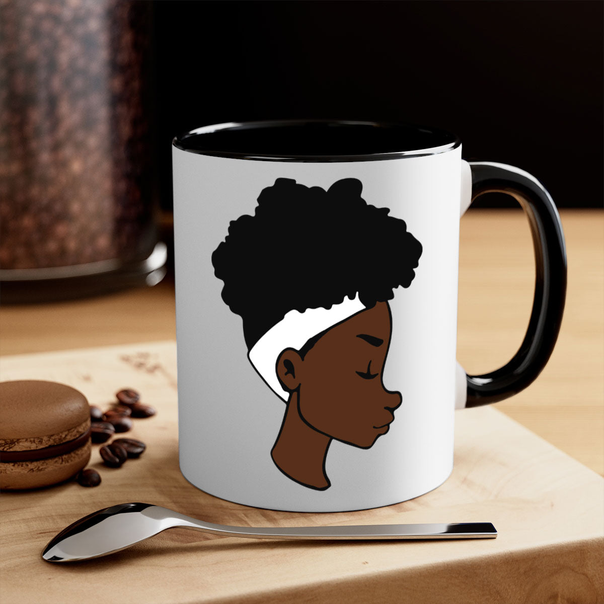 A stylish black woman afro 55# Mug featuring a glossy finish, colored handle, and vibrant afro design, perfect for coffee and tea lovers.