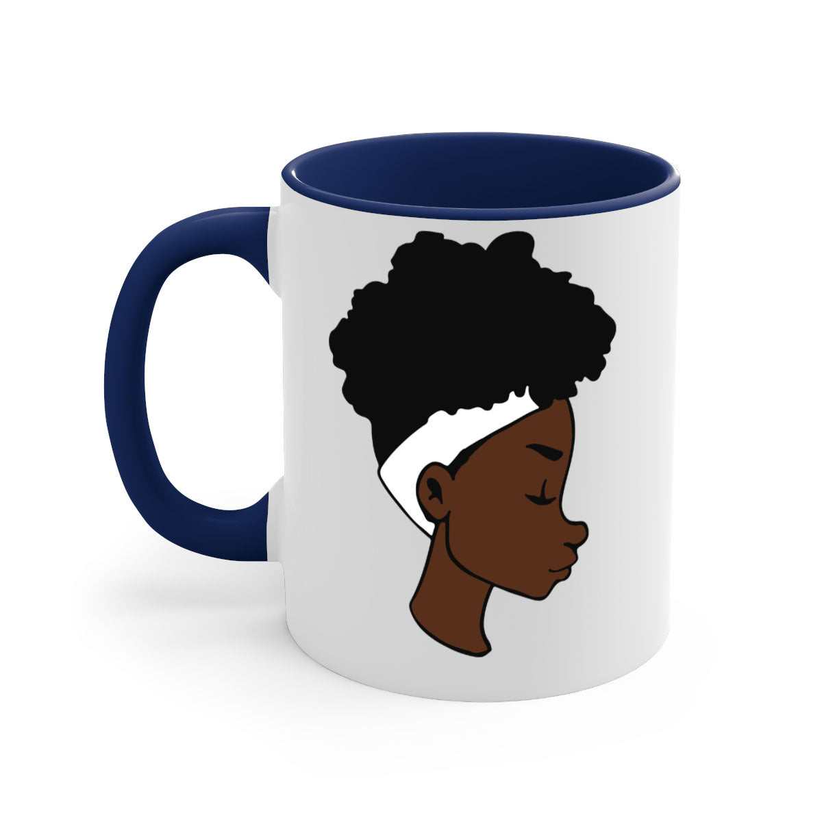 A stylish black woman afro 55# Mug featuring a glossy finish, colored handle, and vibrant afro design, perfect for coffee and tea lovers.