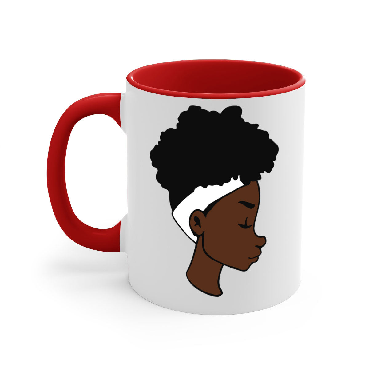 A stylish black woman afro 55# Mug featuring a glossy finish, colored handle, and vibrant afro design, perfect for coffee and tea lovers.