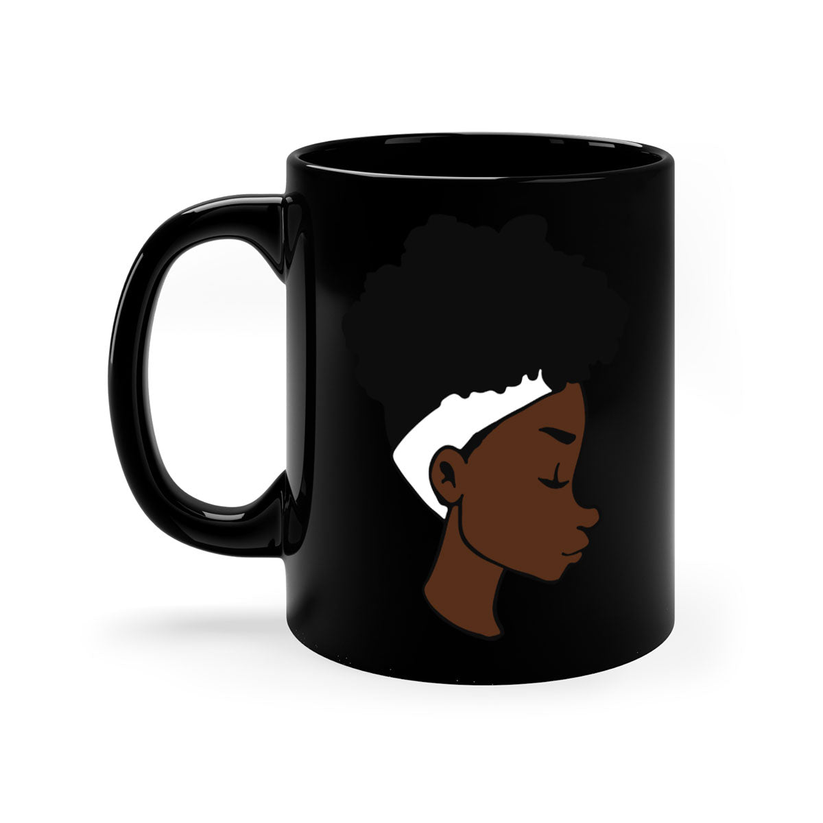 A stylish black woman afro 55# Mug featuring a glossy finish, colored handle, and vibrant afro design, perfect for coffee and tea lovers.