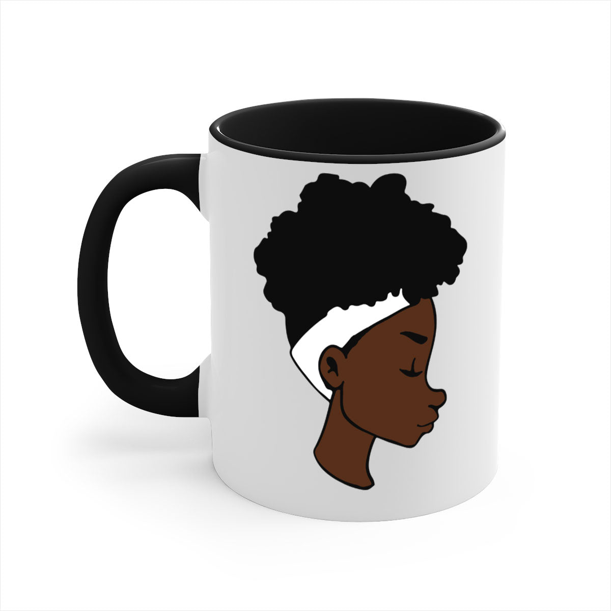 A stylish black woman afro 55# Mug featuring a glossy finish, colored handle, and vibrant afro design, perfect for coffee and tea lovers.