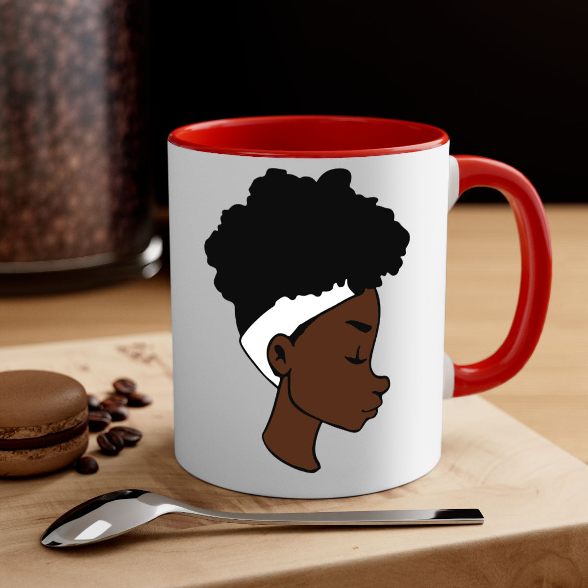 A stylish black woman afro 55# Mug featuring a glossy finish, colored handle, and vibrant afro design, perfect for coffee and tea lovers.