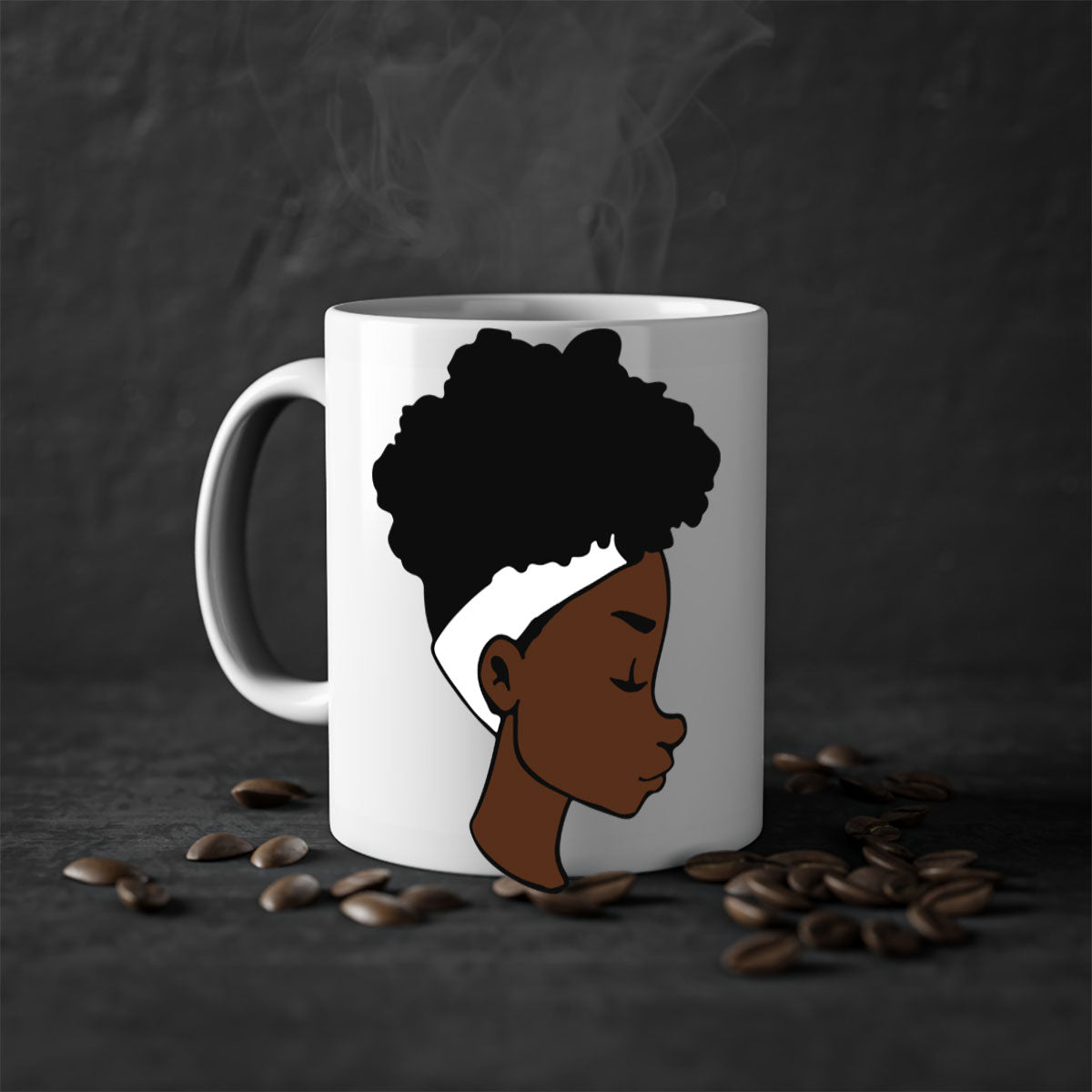 A stylish black woman afro 55# Mug featuring a glossy finish, colored handle, and vibrant afro design, perfect for coffee and tea lovers.