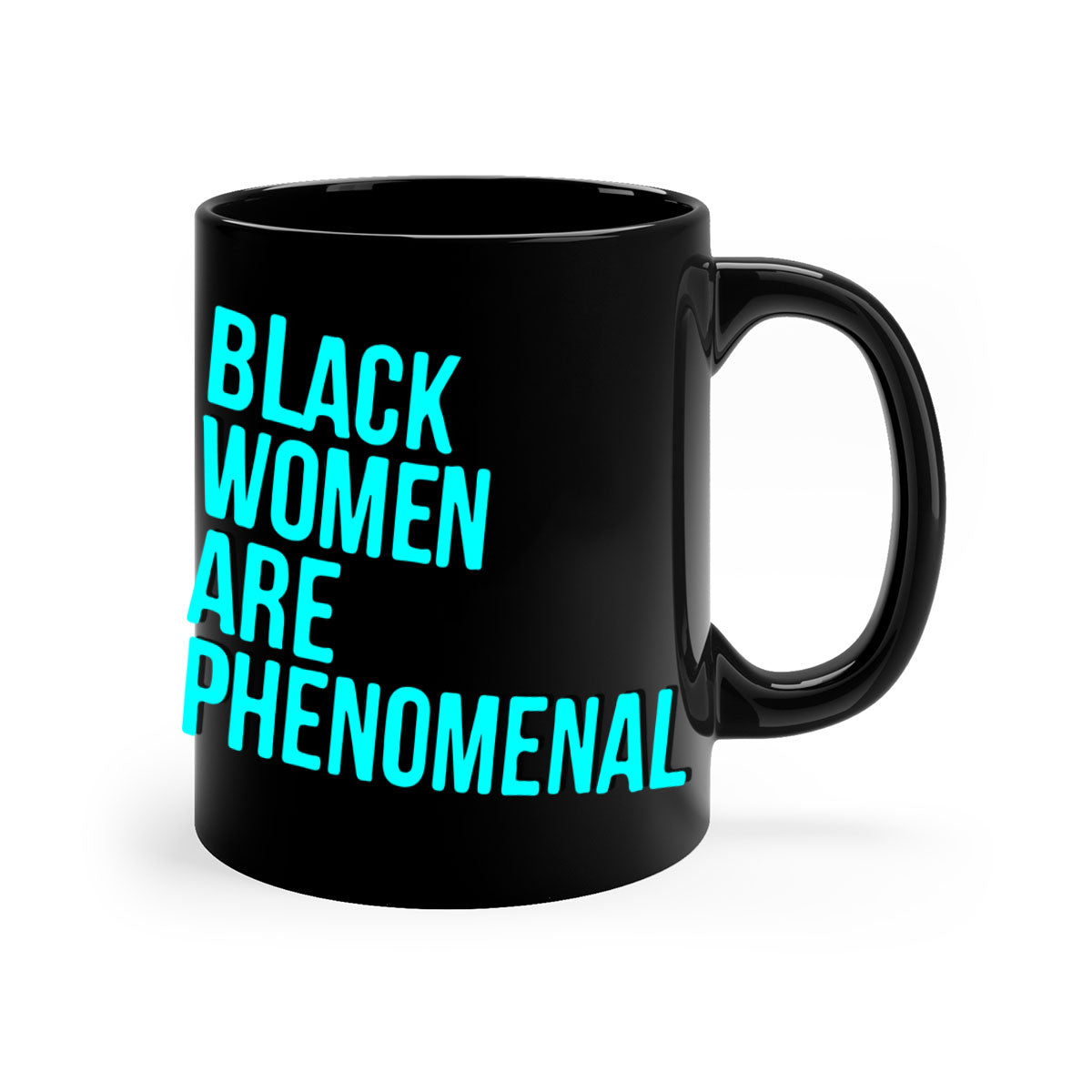 A stylish black woman are phenomenal color 216# mug featuring a glossy finish, colored handle, and interior, available in multiple colors.