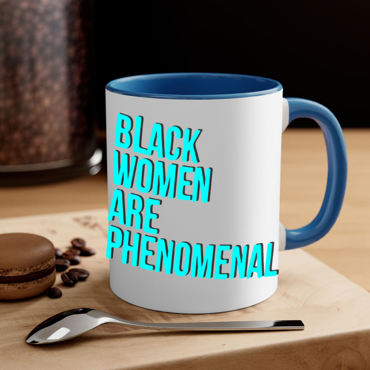 A stylish black woman are phenomenal color 216# mug featuring a glossy finish, colored handle, and interior, available in multiple colors.