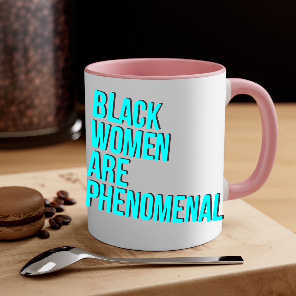 A stylish black woman are phenomenal color 216# mug featuring a glossy finish, colored handle, and interior, available in multiple colors.