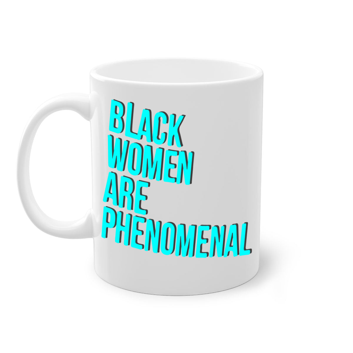 A stylish black woman are phenomenal color 216# mug featuring a glossy finish, colored handle, and interior, available in multiple colors.