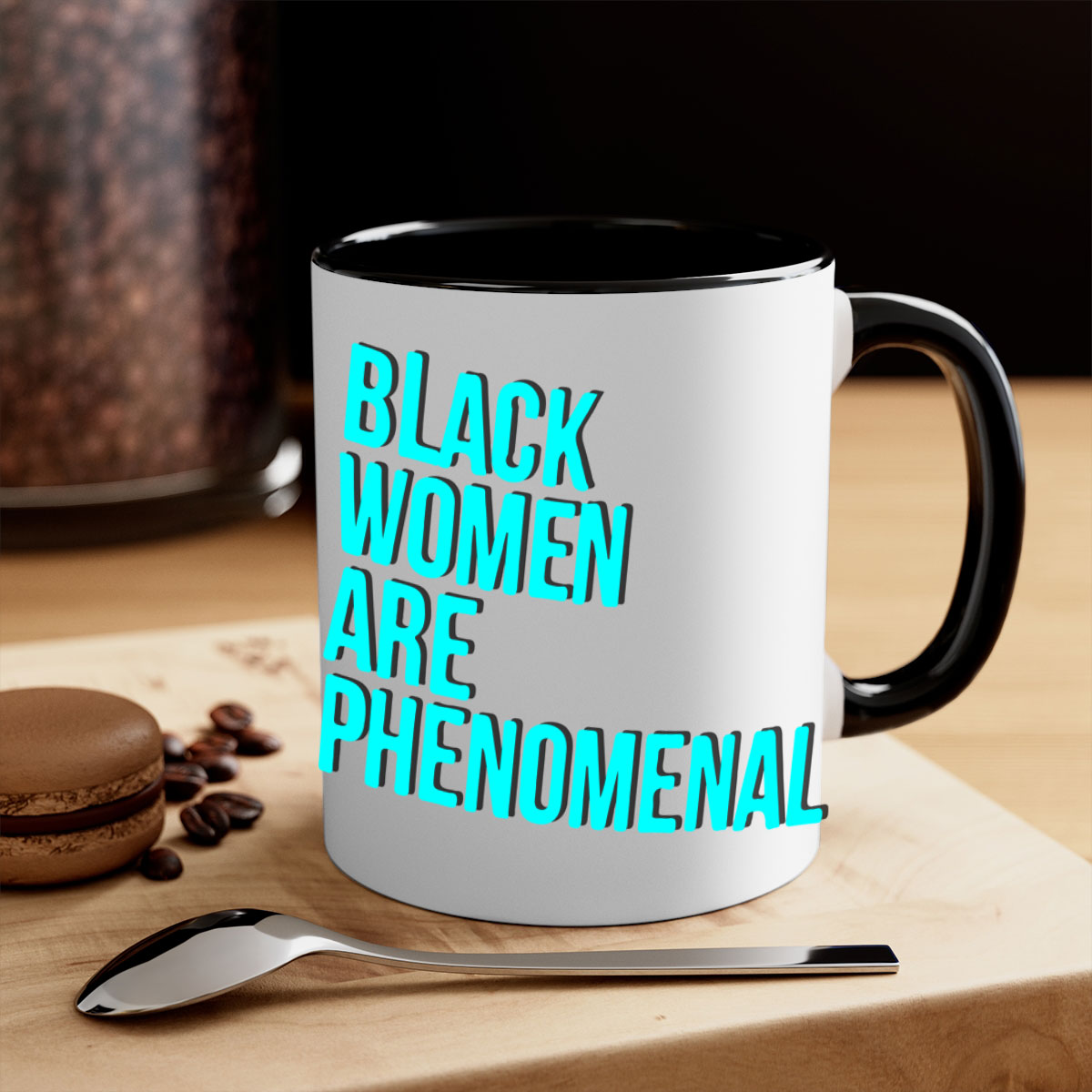 A stylish black woman are phenomenal color 216# mug featuring a glossy finish, colored handle, and interior, available in multiple colors.