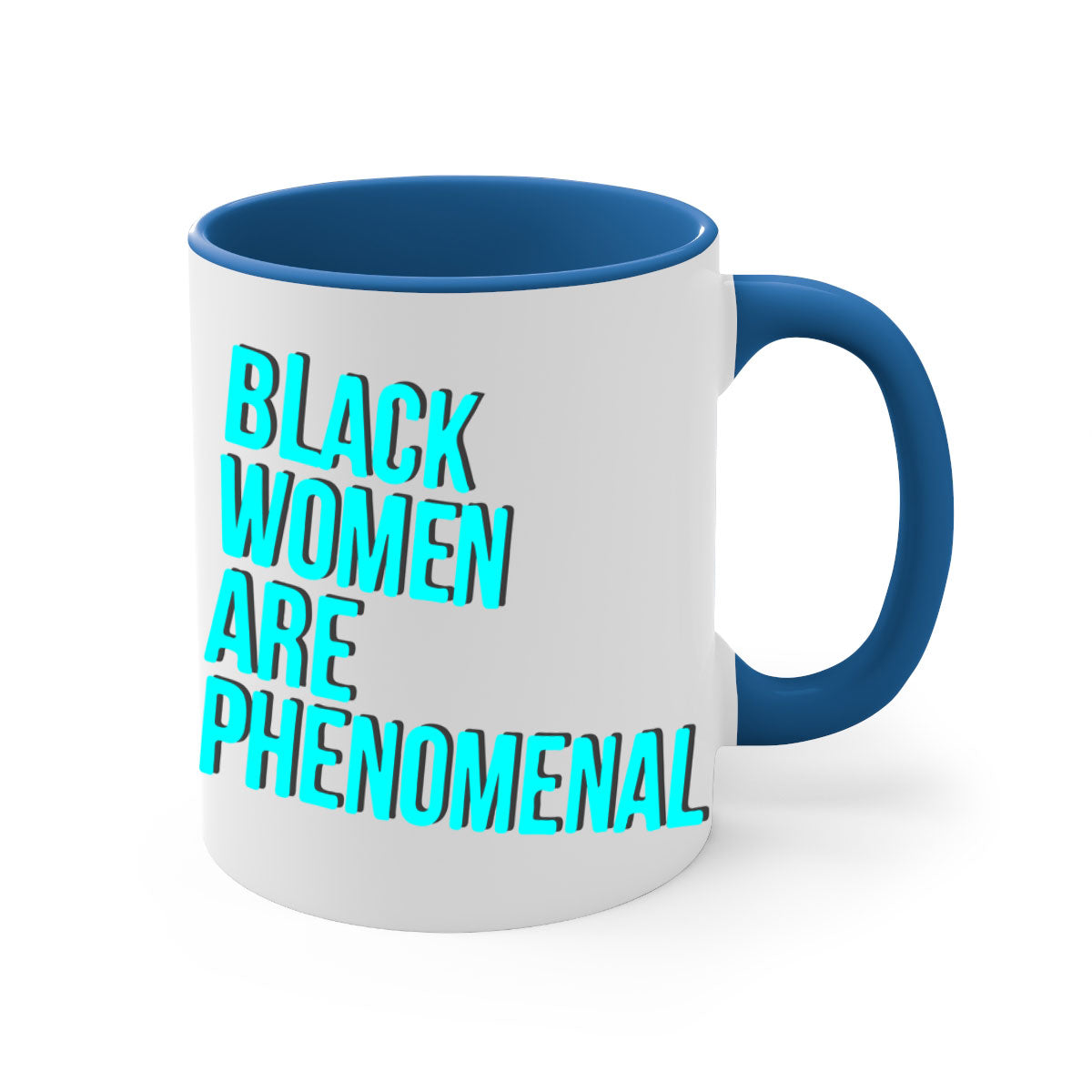 A stylish black woman are phenomenal color 216# mug featuring a glossy finish, colored handle, and interior, available in multiple colors.