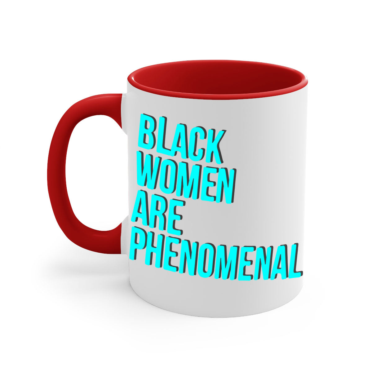 A stylish black woman are phenomenal color 216# mug featuring a glossy finish, colored handle, and interior, available in multiple colors.