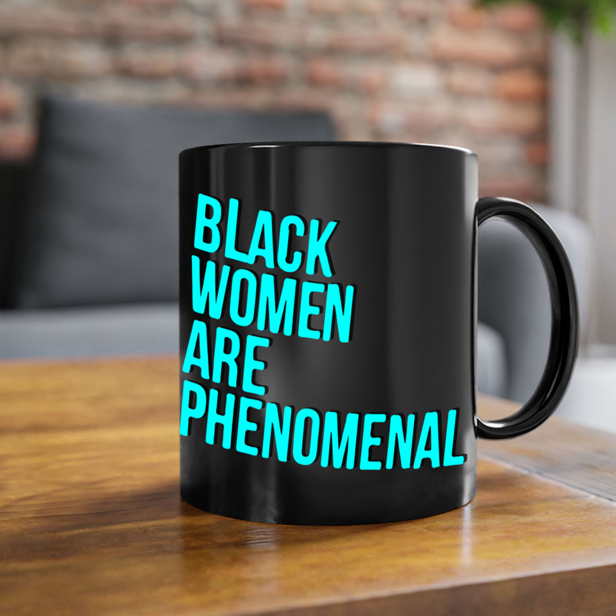 A stylish black woman are phenomenal color 216# mug featuring a glossy finish, colored handle, and interior, available in multiple colors.